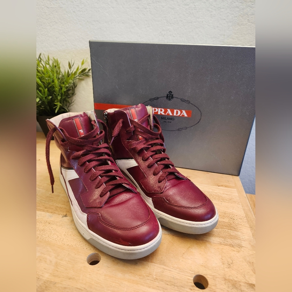 Prada Men’s Leather High‎ Top Sneaker Sz10 wine - Picture 2 of 13